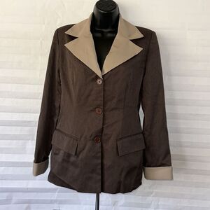 Lew Magram Women's Brown/Cream Long Sleeve Blazer Size 4 2-Pocket Classic Jacket